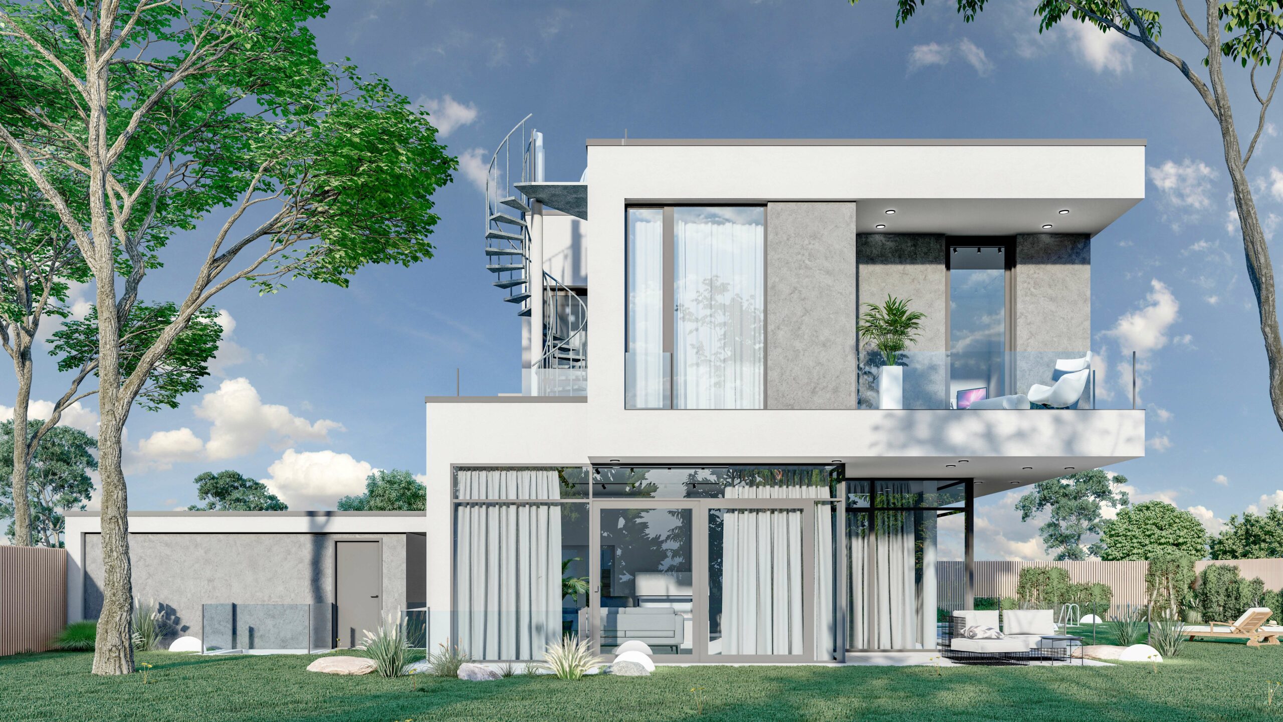 Architektenvilla Gräfelfing – Außenansicht mit Wendeltreppe